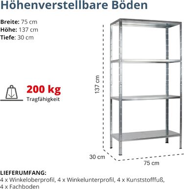 Система стелажів SCHULTE з 4 полицями PowerMAX, вантажопідйомність 50 кг, 137x75x30 см (ВxШxГ), оцинкована (полиця для зберігання, полиця для майстерні, полиця для підвалу, полиця для гаража, металева полиця)
