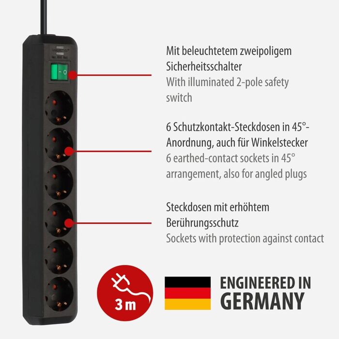 Розетка на 6 розеток (розетка на 6 розеток з посиленим захистом від дотику, вимикачем і кабелем 3 м) чорна