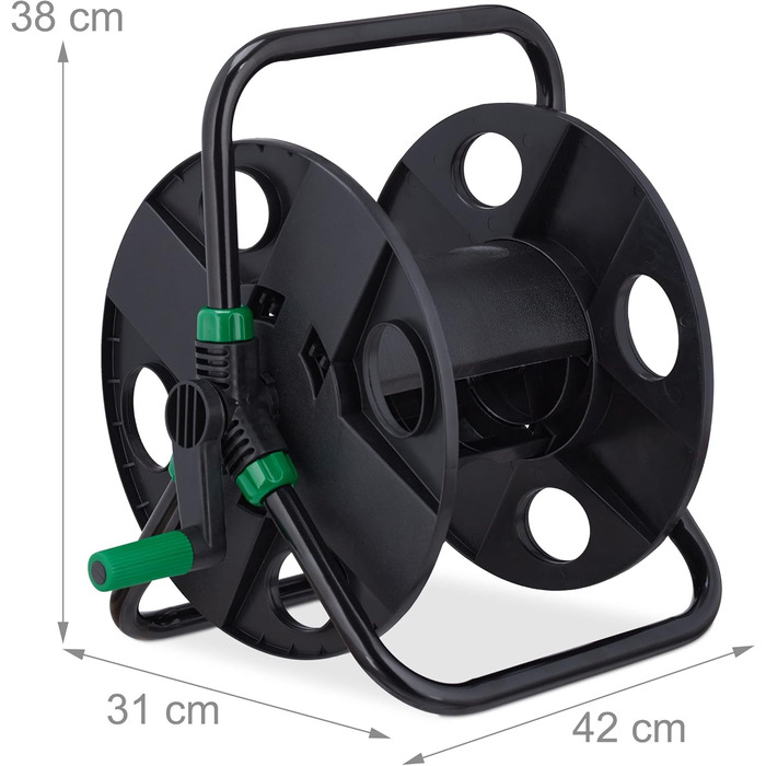Котушка для шланга Relaxdays, для 30 м шланга 1/2, сталь, пластик, тримач шланга, 38 x 42 x 31 см, чорний/зелений