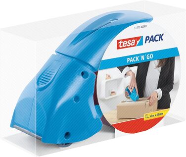 Пакувальна стрічка Ручний дозатор Pack 'n Go, синій, в т.ч. 1 рулон tesapack PP коричневого кольору, 50 м 50 мм ( 6 рулонів прозорих) (Синій, в комплекті з клейкими стрічками з ПВХ)