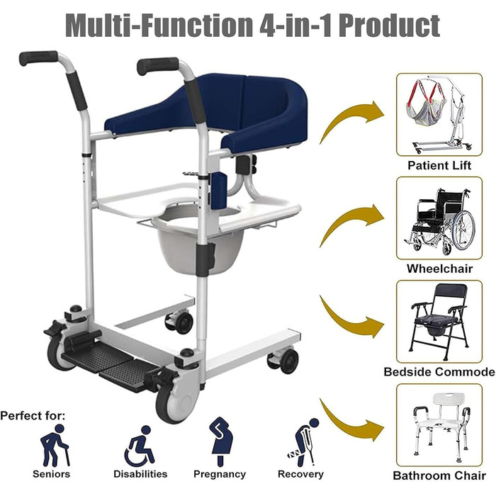 Крісло для перенесення підйому пацієнтів, регульована підйомна ванна Мобільна інвалідна коляска Commode з сидінням для унітазу, крісло для душу з підйомним підйомником для пацієнта з туалетом для інвалідів, синій синій