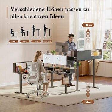 Г-подібний письмовий стіл Klicelor з регульованою висотою та шухлядами, 160 x 140 см, кутовий стіл з підставкою для монітора, комп&39ютерний стіл з функцією сидячи/стоячи з розетками та світловою стрічкою, чорний 160 x 140 см з вилкою та світлодіодним під