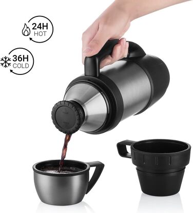 Термос 720DGREE з 2 чашками &39bigBoy&39 1,2 літра - Герметичний, міцний - Термос з нержавіючої сталі преміум-класу для гарячих напоїв, кави, чаю - Ізольована пляшка для пиття, Ізольована пляшка з 2 чашками 1200 мл Кам&39яно-сірий Сірий