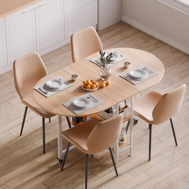 Мобільний розкладний обідній стіл Mondeer, розкладний стіл з 2 відкритими полицями, дизайн із заокругленими краями, їдальня-кухня для невеликих приміщень, 140 x 80 x 75 см, дуб та білий