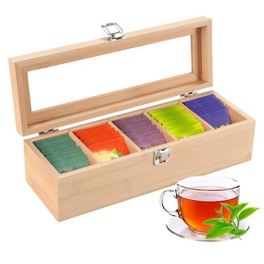 Чайна коробка, чайні коробки для чайних пакетиків, коробка для зберігання чайних пакетиків з 4 регульованими відділеннями та оглядовим віконцем, дерев&39яна чайна коробка, коробки для зберігання чаю з кришкою, 9x30x10 см