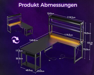 Ігровий стіл ODK зі світлодіодним підсвічуванням, 150120 см, двосторонній L-подібний стіл з 2 розетками та 2 портами зарядки USB, кутовий стіл чорного кольору з підставкою та полицею для зберігання, чорний 150120 см