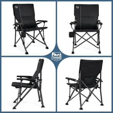 Складане кемпінгове крісло TIMBER RIDGE, вантажопідйомність 150 кг, регульована поперекова опора, складне крісло з підсклянником, сумка для перенесення, крісло для риболовлі, складне крісло, крісло з високою спинкою для кемпінгу, саду, балкону, пікніка, ч