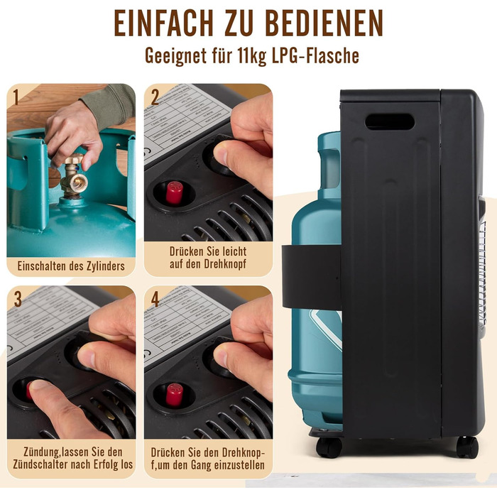 Керамічний газовий обігрівач Todeco потужністю 4200 Вт, чорний, 3 режими нагріву, включаючи регулятор тиску, газовий шланг, керамічний газовий обігрівач для балконів та добре провітрюваних приміщень у приміщенні та на відкритому повітрі
