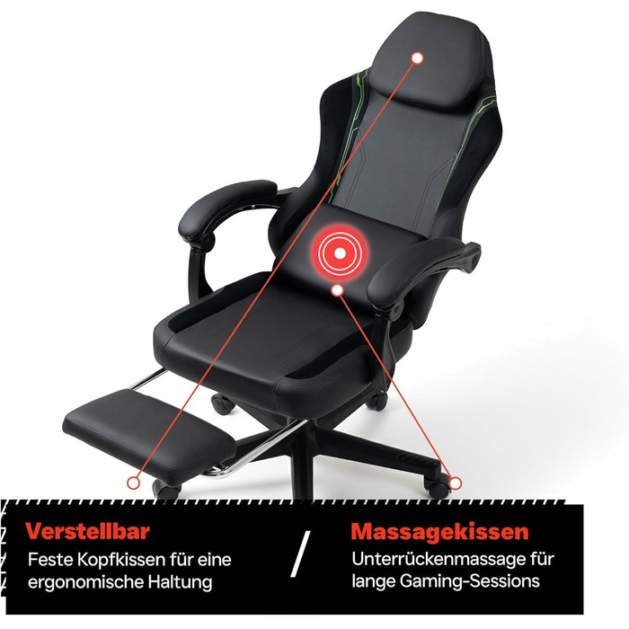 Чорно-зелене ігрове крісло - з підставкою для ніг - ергономічне - з регульованою висотою