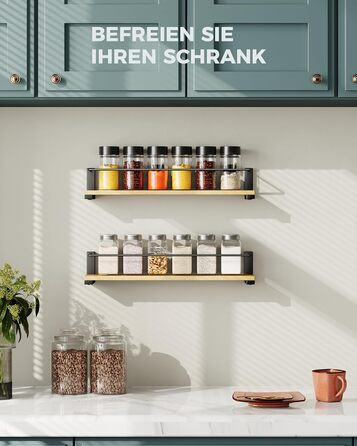 Настінні полиці для спецій OROPY з 2 предметів для кухні, підвісний органайзер для спецій із соснової деревини, дерев&39яна настінна кухонна полиця для дверцят шаф, банки для трав з анкером, банки для спецій - соснова деревина, 40x9 см, набір з 2 предметі