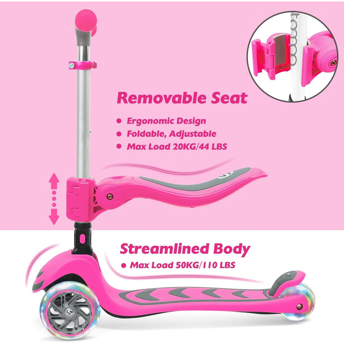 Дитячий самокат Stompa 3 роки для дівчаток хлопчиків, складний дитячий самокат 3 колеса зі світлодіодним проблисковим світлом, 4 р