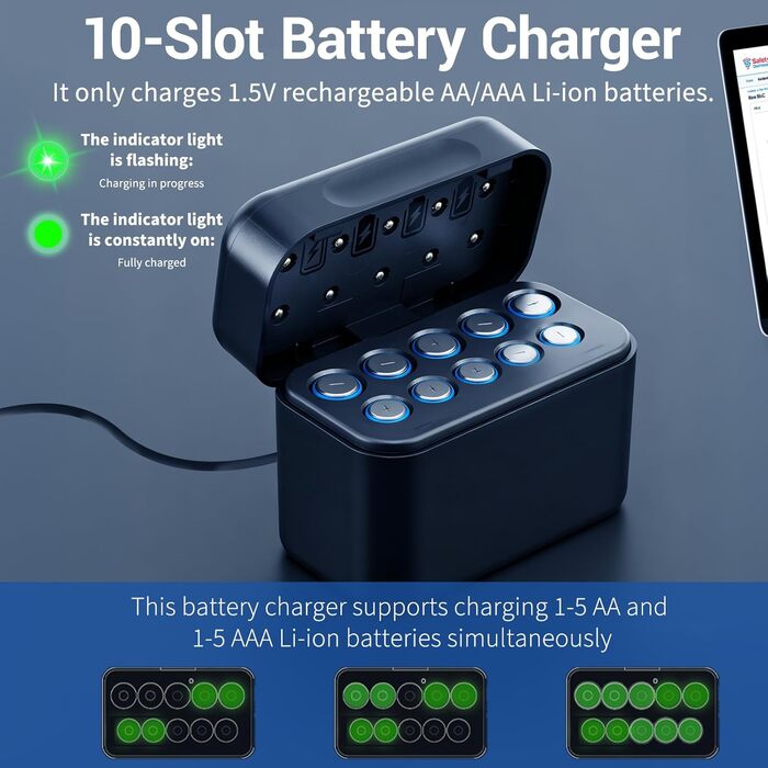 Слотовий літій-іонний зарядний пристрій для акумуляторів типу AA/AAA (1,5 В) Автоматичне виявлення та активація при 0 В Незалежні зарядні станції (350 мАг/200 мАг) Компактний та роз&39єм Type-C (чорний), 10-