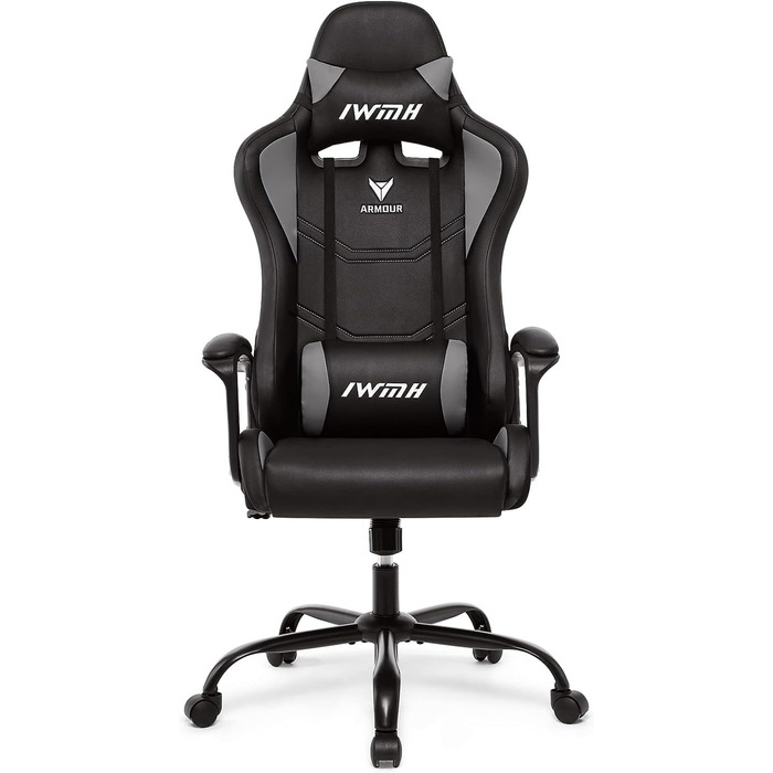 Ігрове крісло IWMH, ергономічне комп&39ютерне крісло з високою спинкою, регульоване по висоті поворотне крісло, гоночне крісло з підлокітниками, регульованим підголівником та поперековою опорою (сіре)