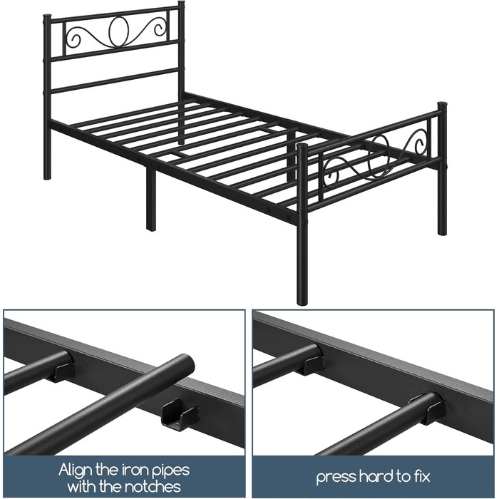 Каркас ліжка Yaheetech 90 x 200 см Металеве ліжко з рейковою основою Односпальне/двоспальне ліжко для гостей Дитяче ліжко з узголів&39ям для спальні Гостьова кімната Чорний колір 90 x 200 см