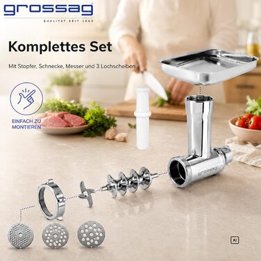Насадка-м'ясорубка grossag для KitchenAid з нержавіючої сталі, 3 перфораційні решітки, KFW 500