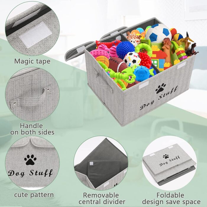 Великий лляний ящик Pethiy з кришкою для аксесуарів для собак - Складаний подвійний сітчастий кошик з ручками, для іграшок та одягу для собак - 43 x 31 x 26 см (Сірий у смужку)