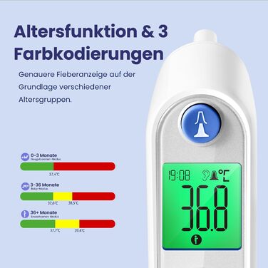 Вушний термометр для дорослої дитини, вушний медичний термометр з точністю віку та кольоровим відображенням температури, цифровий інфрачервоний термометр з 21*одноразовими захисними ковпачками білого кольору