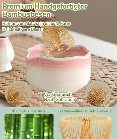 Набір для матча JBER Рожевий Градієнт бамбуковий вінчик (часен), чаша для матча з носиком, підставка для вінчика, ситечко, ложка та підставка, японський набір для поціновувачів матча