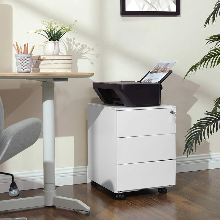 Шафа з шухлядами, контейнер на колесах, мобільна шафа для документів, металева шафа, стіл для принтера, що замикається, 3 шухляди, попередньо зібраний, офіс, домашній офіс, 45 x 39 x 54 см, хмарно-білий OFC63WT 3 полиці (45Г x 39Ш x 54В см) хмарно-білий