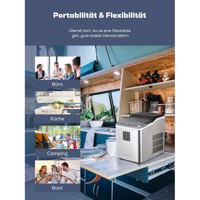 Машина для льоду з нержавіючої сталі з 2 розмірами кубиків льоду, 14 кг 24 шт. , самоочищення, 9 кубиків льоду за 6 хвилин, LED-дисплей, резервуар для води 2 л, льодогенератор із черпаком для льоду та кошиком, льодогенератор NORTHCLAN