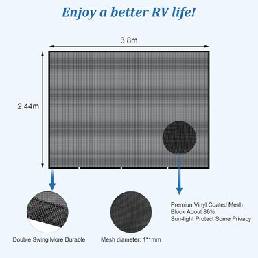 Сонячний тент для автофургона, вітропроникна передня панель 2,44 м x 3,8 м для тенту, універсальний екран для забезпечення конфіденційності з повним комплектом, захист від сонця 86, захист від вітру та дощу