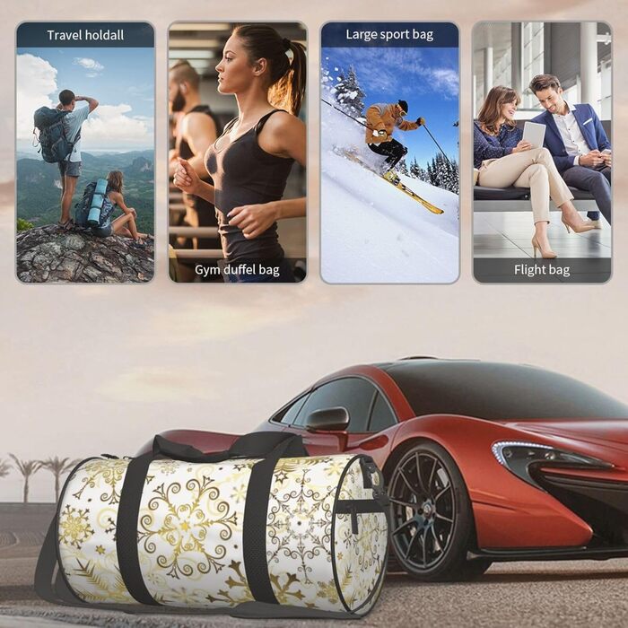 Спортивна сумка, дорожня сумка, святкова новорічна, з золотистим малюнком сніжинок, сумка для ночівлі, чорна, універсальний розмір, сумка для подорожей