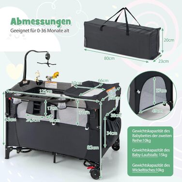 Дорожнє ліжечко 5 в 1 для немовлят, 120 x 60 см, приліжкове ліжко з матрацом та пеленальний столик, музичний мобіль та іграшки, дитяче ліжечко з регульованою висотою для немовлят від народження (темно-сірий)