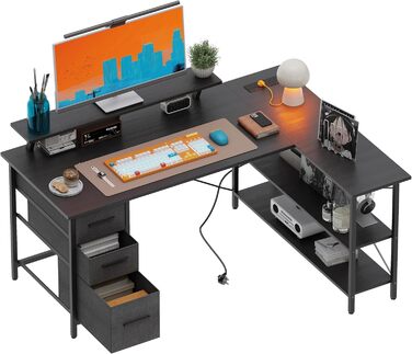 Г-подібний письмовий стіл з 3 тканинними шухлядами, 140 x 80 см. Двосторонній кутовий письмовий стіл з підставкою для монітора, розеткою та USB-портом для зарядки для домашнього офісу, чорний.