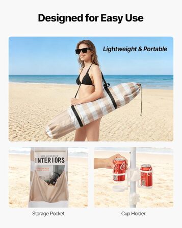 Пляжний навіс VEVOR, 2,4 x 2,4 м з бічною стінкою, сонцезахисний фактор UPF 50, навіс з мішками з піском, регульований по висоті та портативний сонцезахисний навіс для всієї родини та друзів