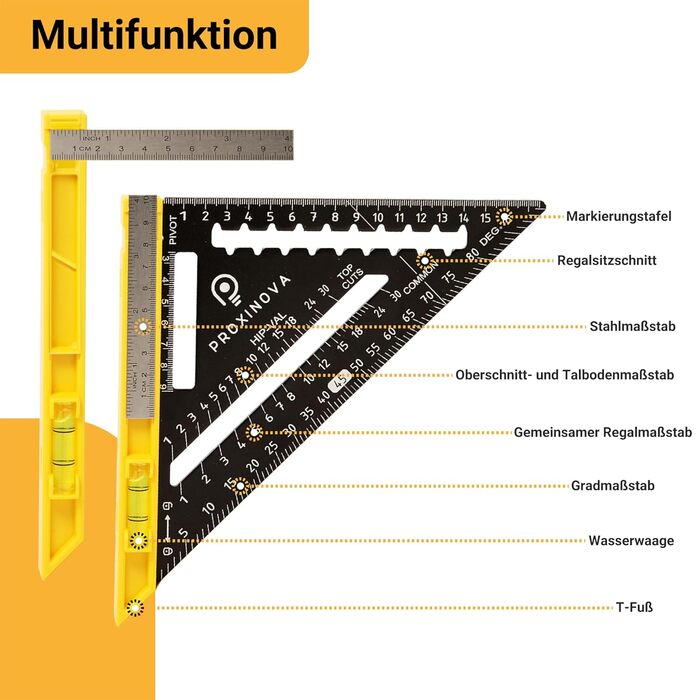 Набір теслярських кутиків Proxinova - Теслярський кутник з алюмінієвого сплаву великий 180 мм з рівнем і столярним штирем - Вимірювальний кутник, транспортир, стопорний кутник - Швидкісний кутник, теслярський кутник