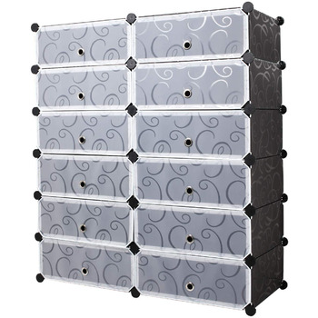 Взуттєва полиця Mondeer, 12 відділень, пластикове відділення для зберігання взуття, модульна пластикова полиця, взуттєва шафа для взуття, сумок та інструментів, з дверцятами, 91 * 36 * 105 см, чорна з друкованим декором