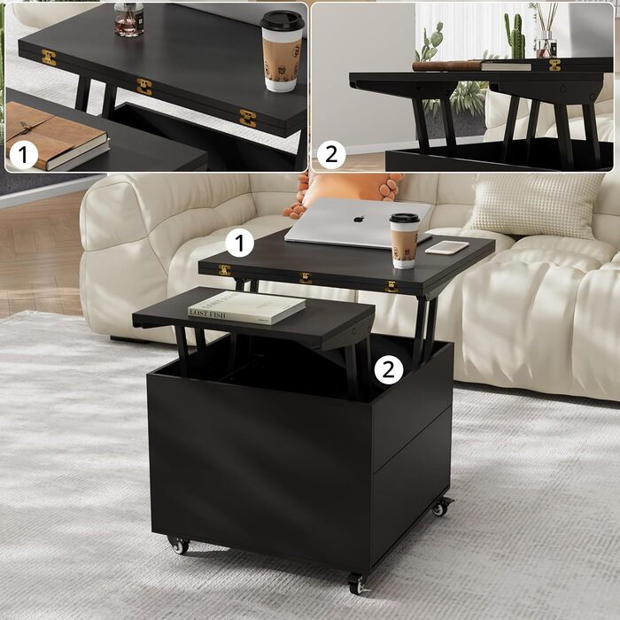 Журнальний столик VOWNER з регульованою висотою, багатофункціональний журнальний столик 3-в-1, який можна перетворити на стіл для вітальні/обідньої кімнати, журнальний столик із прихованим місцем для зберігання, 120Д x 60Ш x 68В см (чорний)