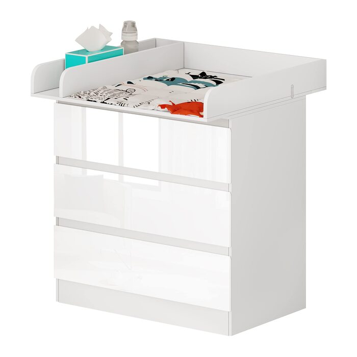 Пеленальний столик WOLTU з пеленальною стільницею, комод з 3 шухлядами, пеленальний столик з тихими металевими напрямними та захистом від перекидання, 86 см для поперекової підтримки, білий