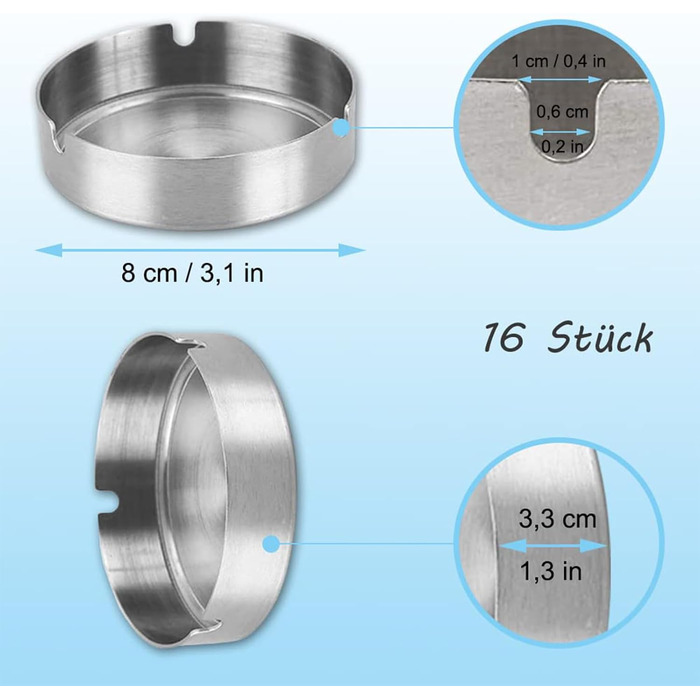 Попільничка, 16 шт. Кругла попільничка з нержавіючої сталі, Сучасна настільна попільничка, Офісна попільничка, Гладка полірована, Використовується в барах, ресторанах, спальнях, для внутрішнього і зовнішнього використання