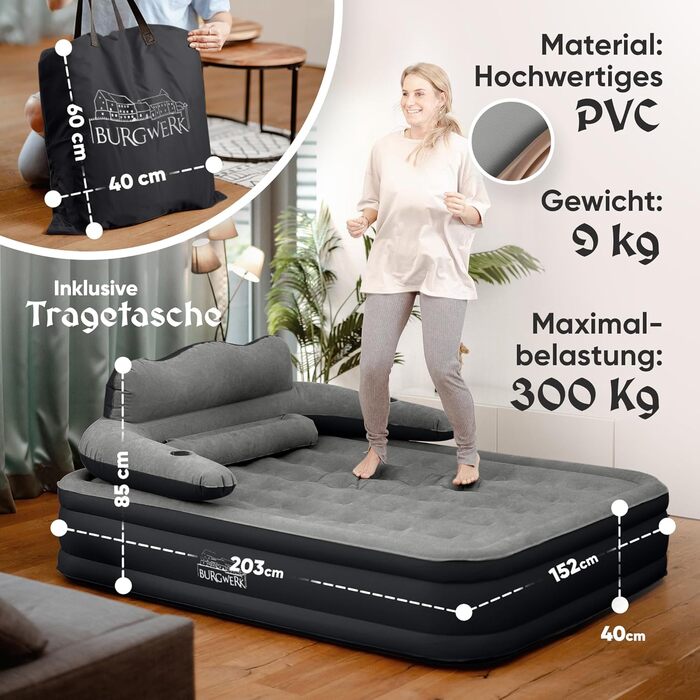 Надувний матрац для 2 осіб система 3 в 1 Елегантне гостьове ліжко та кемпінгове ліжко Надувний матрац з електричним насосом 150x200 Самонадувальний надувний матрац для 2 осіб, чорний/антрацит