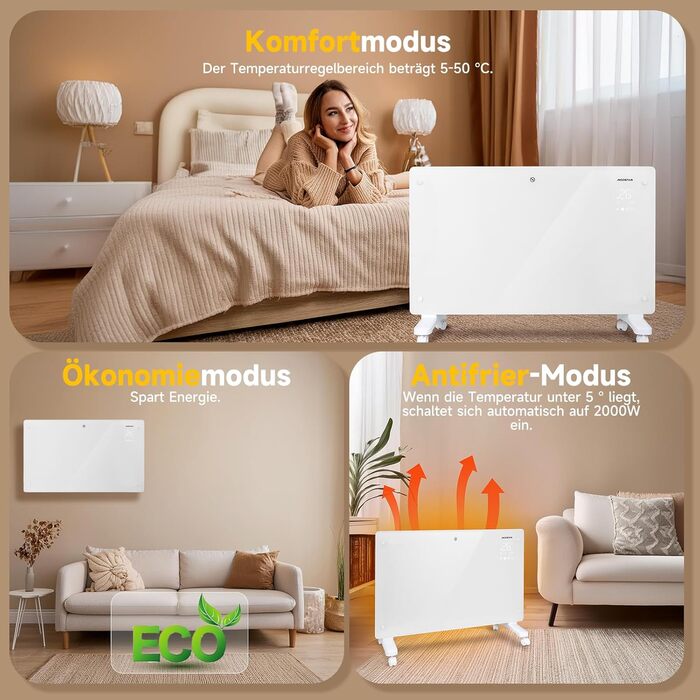 Електричний скляний конвекторний обігрівач Aigostar з пультом дистанційного керування для кімнат площею приблизно 30 м, радіатор з термостатом, енергозберігаючий ECO, тихий, 24-часовий таймер, окремостоячий/настінний, додаток Wi-Fi, 2000 Вт, чорний, білий