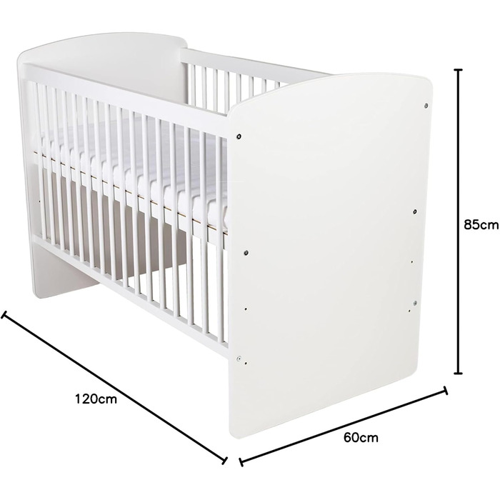 Дитяче ліжечко K2 Біле 12060 см Дерев&39яне дитяче ліжко з 3-позиційною регульованою висотою рейковою основою та 3 знімними перекладинами Ліжечко з сосни та МДФ Матрац не входить до комплекту, Біле