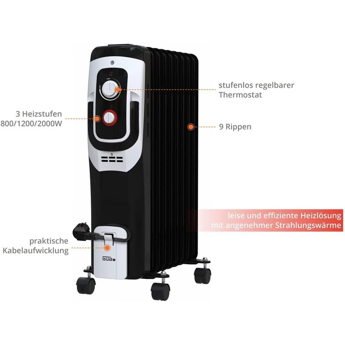 Масляний радіатор Gde OR 2000-9 DT (220-240 В, потужність нагріву 2000 Вт, 3 рівні нагріву (800/1200/2000 Вт), РК-дисплей, функція таймера, 9 ребер, безступінчастий термостат, захист від перекидання та перегріву, транспортні колеса) 2000 Вт / 9 ребер з РК