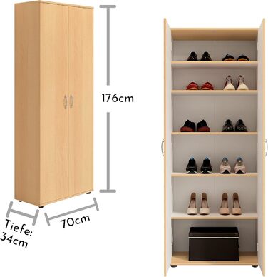 Шафа для взуття TALENT 3, висока, під бук - Універсальна багатофункціональна шафа з регульованими полицями - 70 x 176 x 35 см (Ш/В/Г)