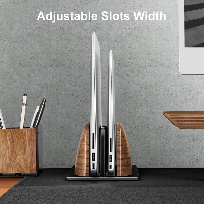 Вертикальна підставка для ноутбука з двома слотами, горіхове дерево. Регульована ширина, сумісна з MacBook та іншими ноутбуками.