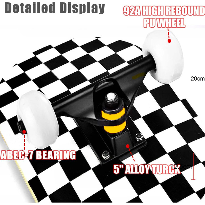 Скейтборд ERNAN 38 дюймів - стандартний скейтборд для дітей, підлітків та дорослих, 7-шарова кленова дека, увігнута форма, чорно-білий клітинка дизайн