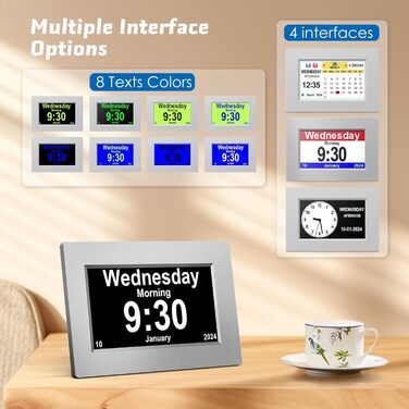 Цифровий будильник Ykall, Літній годинник 8 дюймів, Цифровий календар Денний годинник для людей з деменцією з вадами зору для читання, дітей, людей похилого віку, пацієнтів з вадами зору та хвороби Альцгеймера (срібло)