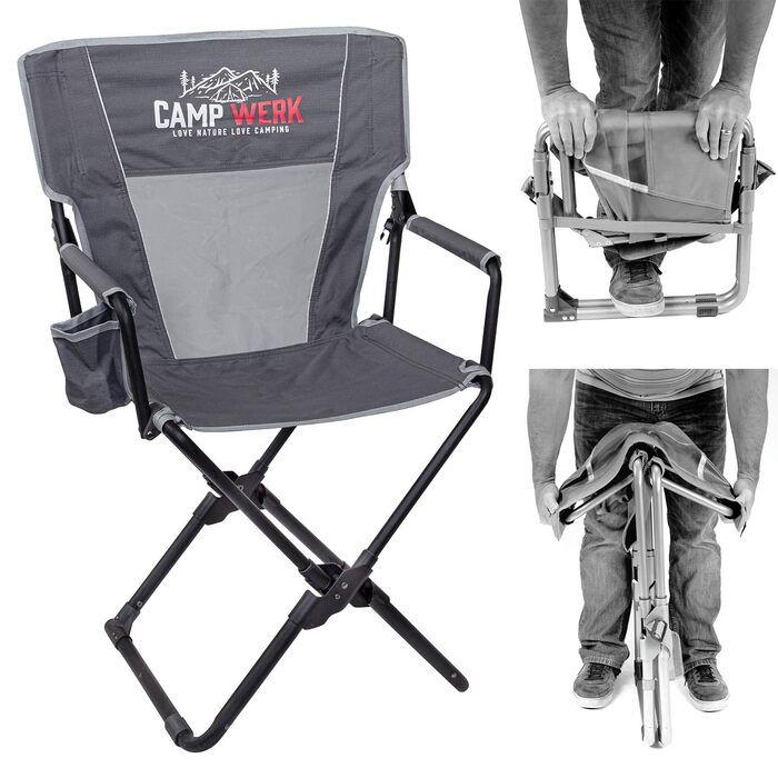 Кемпінгове крісло CAMPWERK, легке та компактне, зі спинкою, вбудованими підлокітниками та підсклянником, компактне, стійке до бруду та води, складане, для всіх видів активного відпочинку на свіжому повітрі, сіре