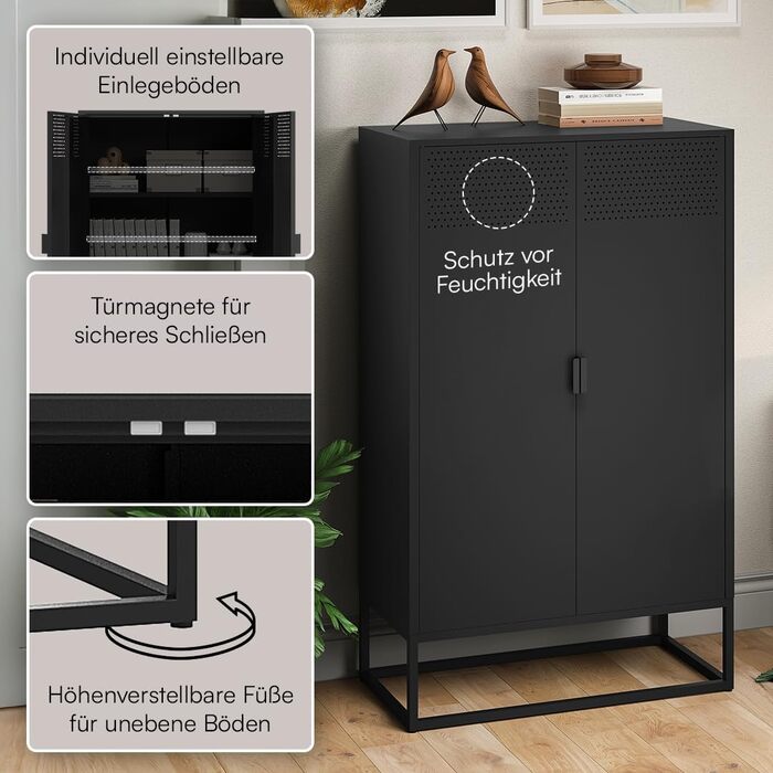 Металевий комод Skølm Izar Шафа для вітальні чорного кольору Металева шафа з 3 відділеннями та подвійними дверима Сервант для вітальні Багатофункціональна шафа шириною 80 см Висока комод в індустріальному стилі чорного кольору 125 см