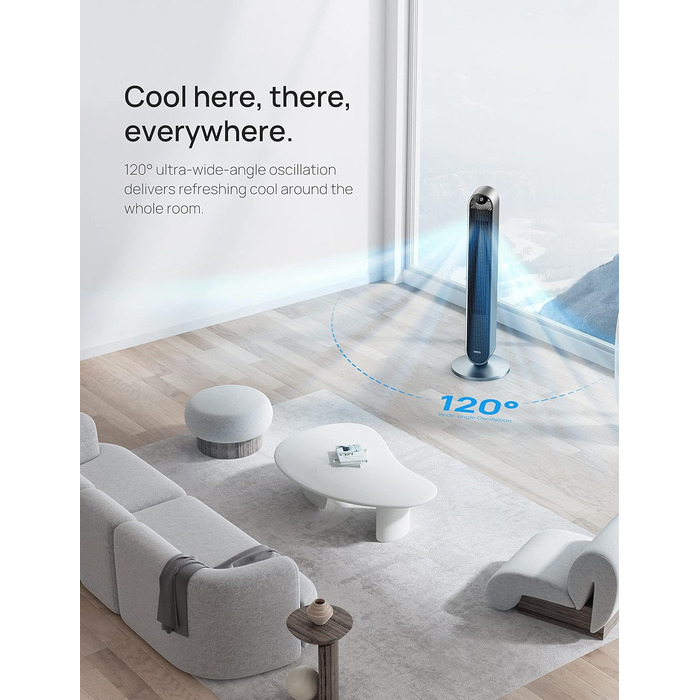 Тихий розумний баштовий вентилятор Dreo 25 дБ з пультом дистанційного керування для спальні, 106 см вентилятор з охолодженням, вен