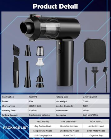 Автомобільний пилосос JUGVOLX 4-в-1 Потужний міні-пилосос 16KPa акумуляторний, 2-швидкісний 200000 об/хв електричний пилосос з без