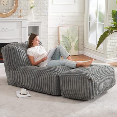 Крісла-шезлонги Hobestluk Big Bean Bag Lounger, велике крісло-мішок для дорослих, диван-мішок з наповнювачем з піни з ефектом пам&39яті для вітальні, спальні або балкону (сіра смужка), сірий