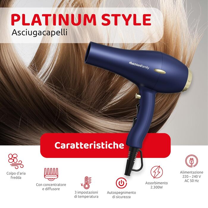 Професійний фен з AC-мотором, 2300 Вт, 2 швидкості та 3 температурні режими, подача холодного повітря, концентратор для волосся, дифузор для кучерявого волосся