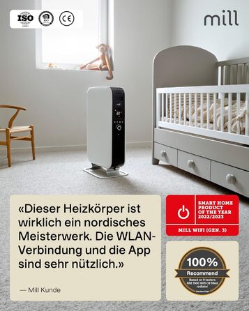 Електричний обігрівач Mill Oil Radator 2000 Вт - Розумний електричний обігрівач з WiFi та додатком, Електричний обігрівач для 24-28 м, Енергозберігаючий масляний радіатор, Тихий та безпечний електричний обігрівач, Розроблено в Норвегії - Білий 2000 Вт (24