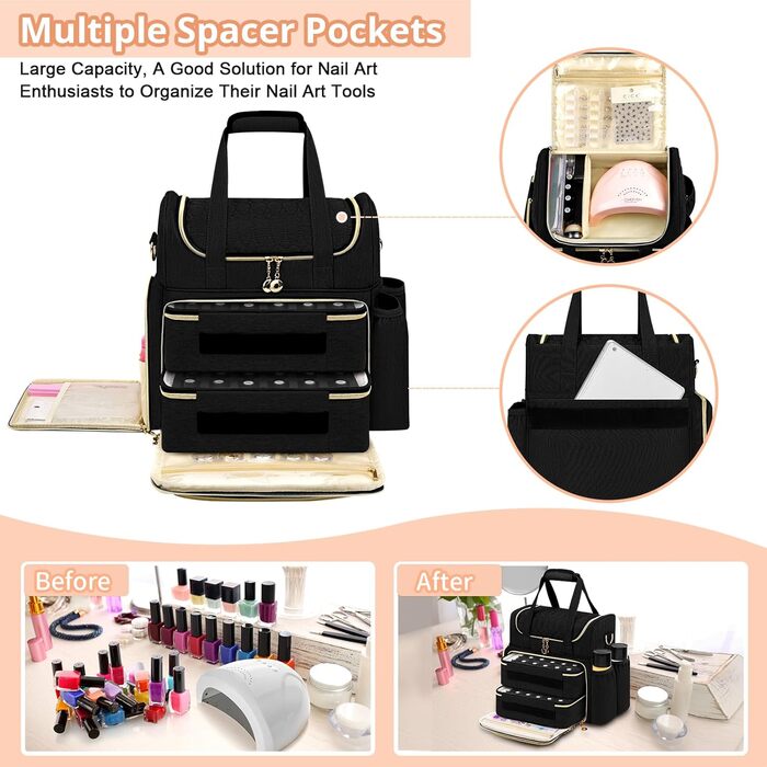 Мішечок для зберігання лаку для нігтів, двошаровий органайзер для 70 флаконів (до 15 мл), портативний мішечок для сушарок для нігтів, ламп для нігтів та аксесуарів для лаків - чорний
